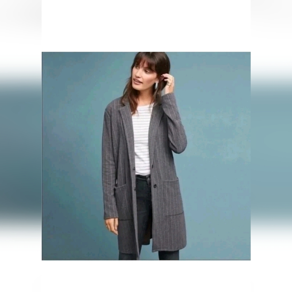 Anthropologie Harlyn Morganne Gray Pinstripe Long Blazer Sz XS